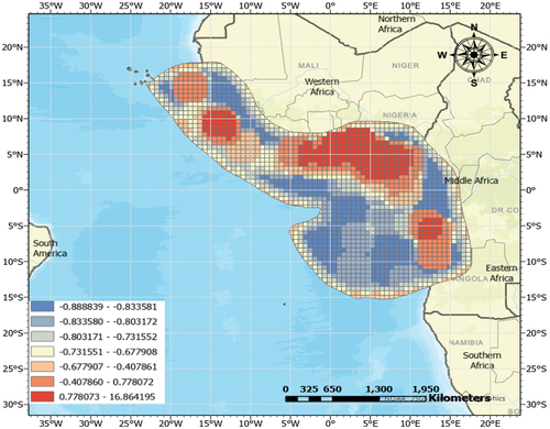 Figure 11. Getis-ord Gi* hot spot analysis result for West Africa before 2012.