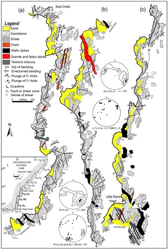 Figure 16. Maps of coastal outcrops south of Seal Creek to Little Rame Head and representative structural data. The inset map shows location. Contour intervals in (a) are 0.5, 2, 5, 7 and >10% per 1% area. Contour intervals in (b and c) are 1, 3, 5 and >10% per 1% area.