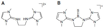 Figure 2 Schematic representation of bis(imidazolin-2-iminium) cation (A) and the boron cation compound (B).