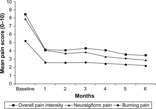 Figure 1 Reduction in mean overall pain intensity, neuralgiform pain, and burning pain following treatment with the 5% lidocaine medicated plaster (n=27 baseline to 4 months, n=25 at 5 months, n=24 at 6 months).
