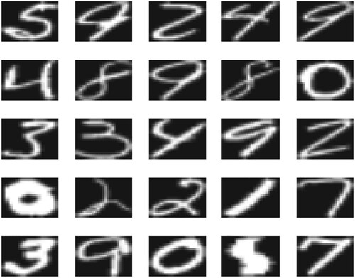 Figure 8. An example of 25 handwritten digits. Each digit is stored as a 256-pixel greyscale image and represented as a unit vector with N = 256 features.