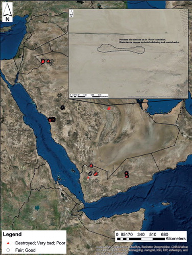 Map showing the distribution of Pendant sites in Yemen and Saudi Arabia which have been classed as being in a Good or Fair condition versus those recorded as being in a Poor, Bad or Destroyed condition. The inset image shows a Pendant which has been classed as being in ‘Poor’ condition in the database.
