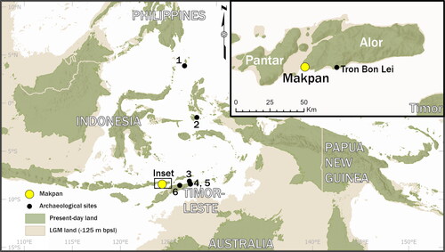 Figure 1. Map showing the location of Makpan (inset) and the surrounding archaeological sites in Wallacea (main) where recovery of sea urchin has been reported: (1) Leang Sarru; (2) Kelo 6; (3) Here Sorot Entapa; (4) Asitau Kuru; (5) Lene Hara; (6) Laili.