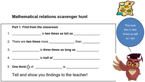 Figure 2. Scavenger hunt sheet used in lesson 3 (translated). Note. The first five tasks were to be found in the classroom, followed by 13 similar tasks from within the entire school.