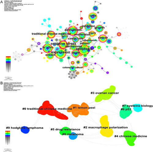 Figure 5. The network and cluster diagram of keyword co-occurrence analysis. (A) Co-occurrence network of keywords of the application of traditional Chinese medicine in lymphoma. (B) Cluster analysis of keyword co-occurrence networks.