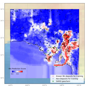 Figure 2. Heat map of graduated statistical affinity with known manganese occurrences, map courtesy of Gary Reed of Geological Survey of South Australia.