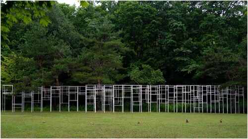 Figure 1. Photograph of 107 m3 Pavilion, with its white timbers emerging from a background of deep dark green. Wood construction, Benizakura Park, Sapporo. Photograph courtesy of author.