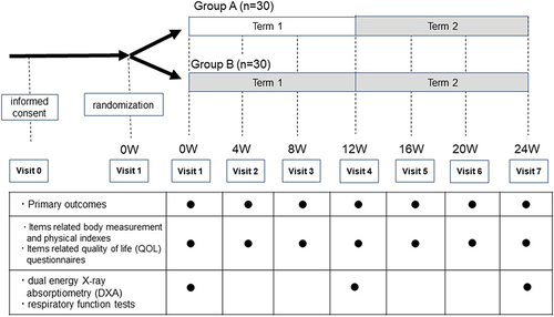 Figure 1 Study protocol. Group A: In Term1 (12 weeks), the study drug is not administered, and in Term2 (12 weeks) the study drug is administered. Group B: The study drug is administered during both Term 1 (12 weeks) and Term 2 (12 weeks). Each gray zone shows the duration of administration with the study drug.