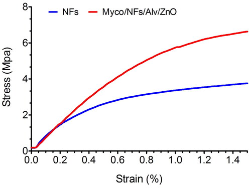 Figure 6. Tensile strength of NFs and Myco/NFs/Alv/ZnO.