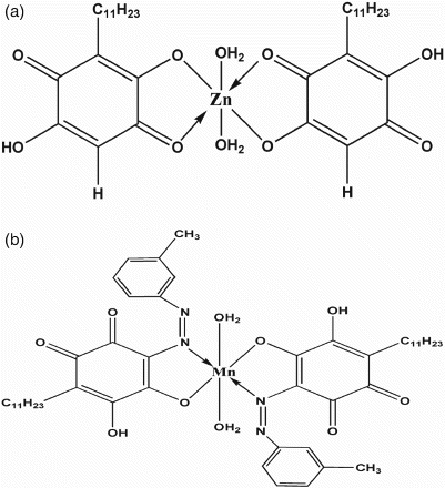Figure 5. Schematic representation on synthesis of (a) embelin–zinc complex and (b) embelin-azo-manganese complex.