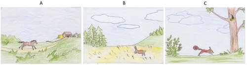 Figure 1. Examples of stimuli: (A) control item: an animal heading towards an obvious endpoint (the barn); (B) critical item: an animal heading towards an inferred endpoint (the forest); (C) critical item: an animal heading from a starting point (source – the bush) towards an endpoint (the hole in the tree).