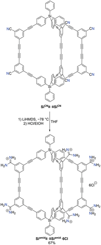 Scheme 5. Post-synthetic modification of SiCN≡·≡SiCN to give hexa-cationic cage Siamid≡·≡Siamid·6Cl.
