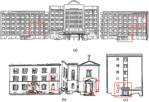 Figure 9. Facade structure extraction results: (a) administrative building, (b) Stgallen3 and (c) side of the CSMECB.