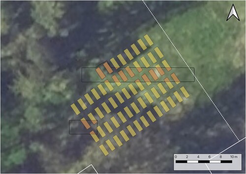 Figure 12. Reconstruction of the Italian quarters in the PoW cemetery with marked burial pits (in orange), which were recorded during excavation carried out in 2023 (prepared by K. Karski; source: The Central Museum of Prisoners of War).