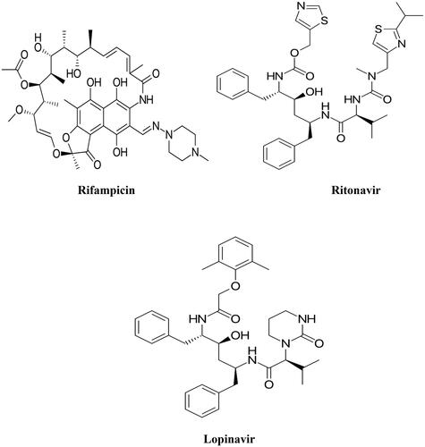 Figure 1. Chemical structures of Rifampicin (RIF), Ritonavir (RTV), and Lopinavir (LOP).
