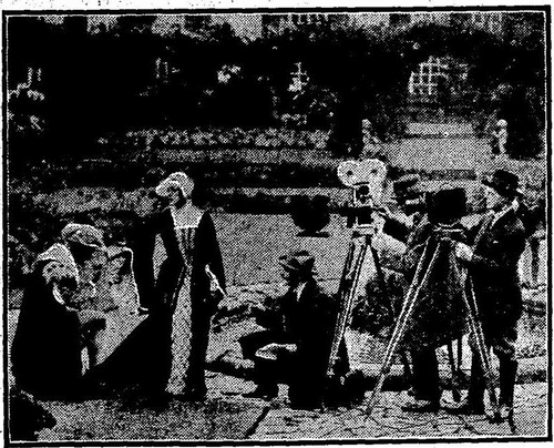 Figure 1. Photograph of location shooting for Hampton Court Palace published in both the national and trade presses.