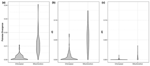 Figure 4. Genetic variation distribution of chloroplast and mitochondrial coding proteins. (a) uncorrected pairwise divergence, (b) synonymous substitution rate and (c) nonsynonymous substitution rate.