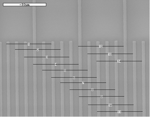Figure 4. Measurements on images acquired at scan speed Slow. Using the embedded scale marker bar of 50 microns, measurements of 0.05 mm on the micrometre deviates by plus 4.1–5.8% across the SEM image acquired at scan speed Slow at 1000× magnification. The exact measurements are listed in Table 4.