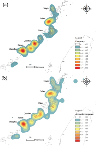 Figure 3. Heat map for the maritime accidents in Fujian water area: (a) accident frequency; (b) accident consequence.