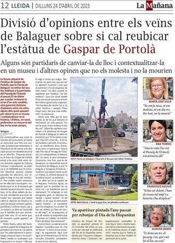 Figure 7: ‘Opinion divided in Balaguer on whether it is necessary to relocate the statue of Gaspar de Portolá’: Local newspaper debate about the return of the monument (Source: La Mañana 24 April 2023).