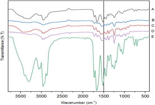 Figure 4. Overlay of FTIR spectra of A. RIF + RL-SD-PHS, B. RIF-LOP-PM, C. RIF-RTV-PM, D. RIF and E. RL–SD.