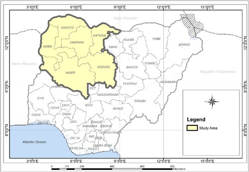Figure 1. Nigeria’s map indicating Kebbi, Zamfara, Sokoto, Niger, Katsina and Kaduna states. Source: Authors’ design through Google Earth software.