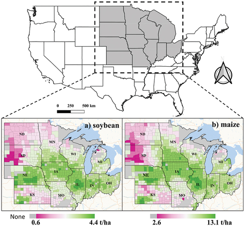 Figure 1. Average yields of (a) soybean and (b) maize in the Midwestern United States, 2004–2021.