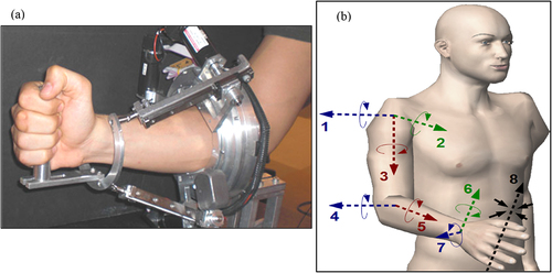 Figure 1. Wrist limb rehabilitation, (a) wearable robotic device for wrist rehabilitation (Pehlivan et al., Citation2014), (b) degrees of freedom in human body upper limb.