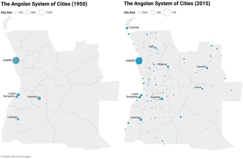 Figure 3. The Angolan system of cities in 1950 and 2015. Cities with more than 10,000 inhabitants. Dot size corresponds to the relative population size that year. Author’s illustration, created with Datawrapper. Data source: OECD Africapolis Project.