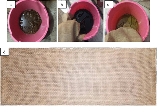 Figure 1. Surface treatment of kenaf fiber with a). alkali b). Potassium permanganate and c). Potassium dichromate solutions d). Alkali treated kenaf/PLA composite.