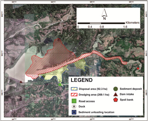Figure 8. Map depicting dredging and disposal sites of sediments around the Mrica Dam. The dock is located adjacent to the disposal area to save time and cost of loading and unloading dredged sediments.