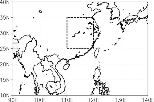 Fig. 1. The definition of central eastern China area (25°-35°N, 110°-120°E).
