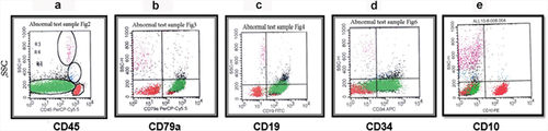 Figure 2. Pro B-ALL CD10–. The blasts were selected and gated as they appear on the CD45 and SSC (green) (a). Shown are plots of cyCd79a versus SSC (b), CD19 versus SSC (c), CD34 versus SSC (d), and CD10 versus SSC (e).