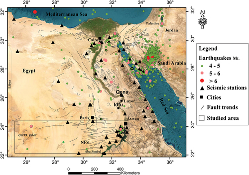 Figure 1. Location map for Gilf El Kebir studied area with seismicity ML > 4 from 1970 to 2022.