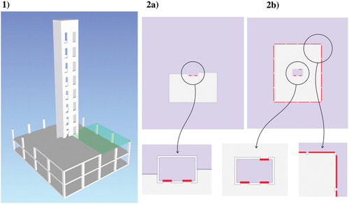 Figure 15. 1) The 13-storey building at timepoint 73 (The second slab quadrant on the second floor is about to be constructed). 2) The generated SVG outputs showing hazard spaces as red regions at time point 73 (a) and at timepoint 75 (b) when the fourth slab quadrant is placed.