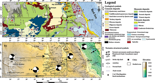 Figure 2. a) geological map modeified after Egyptian Mineral Resources Authority (EMRA) Citation2008 b) focal mechanism solution of earthquakes in the studied and adjacent areas, Table 1 and in the Gebco (Citation2019) digitial elevation model base map (Tozer et al. Citation2019).