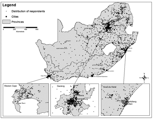 Figure 2. Distribution of unweighted survey responses, showing concentrations in the cape town metro, Gauteng and eThekwini metro.