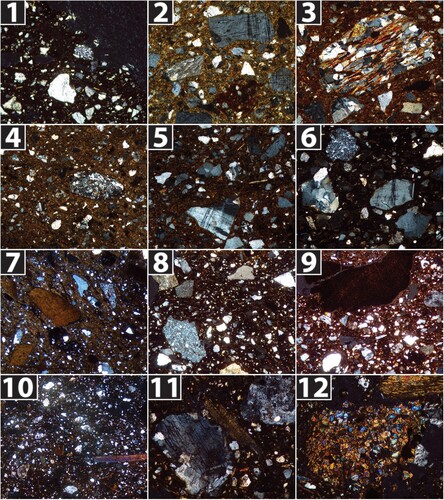 Figure 6. Thin-section photomicrographs of selected archaeological ceramic samples from the Villanovan cemetery of Colle Baroncio. Fabric A (non-tempered clay): 1. VT-CB 4; 2. VT-CB 5; 3. VT-CB 10; 4. VT-CB 14; 5. VT-CB 15; 6. VT-CB 31. Fabric B (clay tempered with flint): 7. VT-CB 8; C: 8. VT-CB 36; 9. VT-CB 37. Fabric C (clay tempered with metasedimentary rocks): 10. VT-CB 2; 11. VT-CB 2; 12. VT-CB 2. All pictures taken under XP; field of view: nos. 1–3, 5–6, 8–9, 11–12 = 1.5 mm; nos. 4 = 3 mm; nos. 7, 10 = 6 mm.