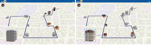 Figure 2. The interactive mobile map application depicts navigation-relevant landmarks either as abstract (a) or realistic (b) 3D buildings (the inset view shows a zoomed-in landmark in the respective visualization style) and the route to be followed.