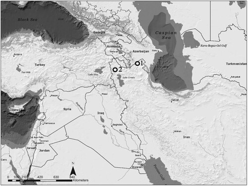 Figure 1. Kura-Araxes burial sites in Iran. 1) Kohne Tepesi and 2) Kohne Shahar (© S. Maziar).