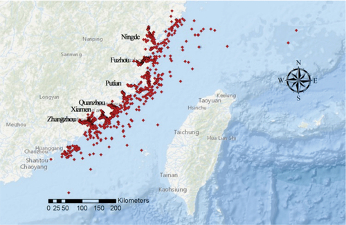 Figure 1. The study water area (21°35’ − 27°43’ N and 115°7’ − 125°33’ E) and locations of recorded maritime accidents.