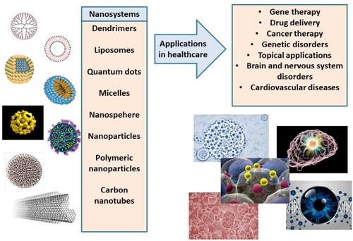 Figure 4. Nanosystems (nanocarriers) studied in nanomedicine and corresponding applications in healthcare.