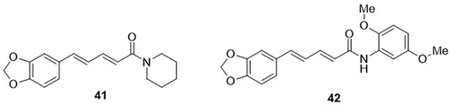 Figure 15 Benzodioxole derivatives (41 and 42) as anti-SARS-CoV-2 agents.
