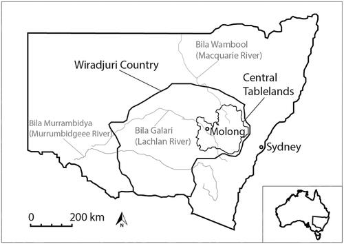 Figure 1. Map showing location of study area in relation to NSW, Wiradjuri Country, Central Tablelands and Molong (left), and Australia and New South Wales (right).