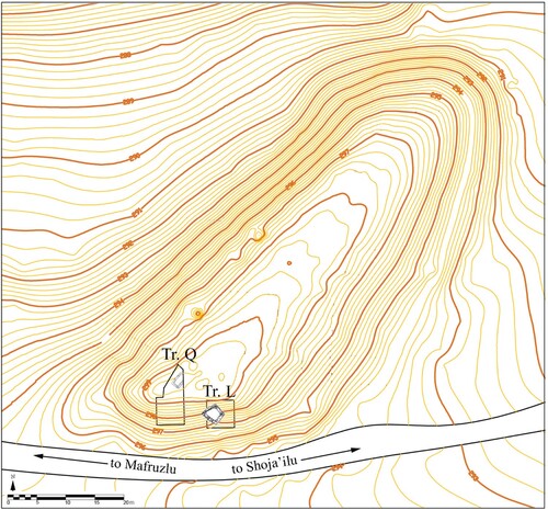 Figure 2. Topographic map of Kohne Tepesi with the excavated chamber tombs: Tomb I (Trench L) and Tomb II (Trench Q) (© A. Zalaghi).