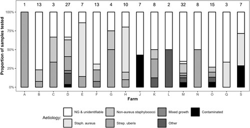 Figure 3. Microbiological aetiology of farmer-reported clinical mastitis cases (n = 69), excluding contaminated, unidentifiable, and culture-negative (NG) samples, on 20 dairy sheep farms in the 2022–2023 season. The number above the bars represents the number of isolates for each farm. “Other” includes Escherichia coli, Arthrobacter gandavensis, Enterococcus faecalis, and Klebsiella oxytoca.