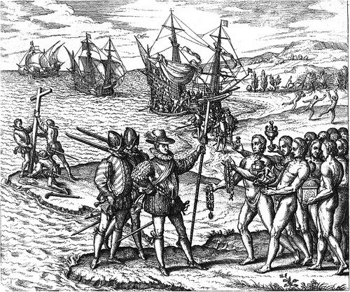 Theodor de Bry, Columbus landing on Hispaniola, Dec. 6, 1492; greeted by Arawak Natives, 1594, engraving, collection US Library of Congress, public domain