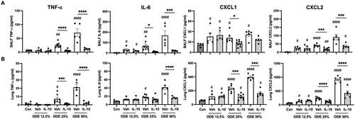 Figure 2. Lung-delivered IL-10 therapy reduces inflammatory cytokines/chemokines following a one-time ODE exposure. Levels of airway inflammatory markers determined by ELISA from (A) BALF and (B) lung homogenates. N = 4 (Cxn) and N = 5–9 (Veh, IL-10) mice/group. Statistical significance vs. Cxn (#p < 0.05, ##p < 0.01, ####p < 0.0001); between groups (*p < 0.05, ***p < 0.001, ****p < 0.0001).