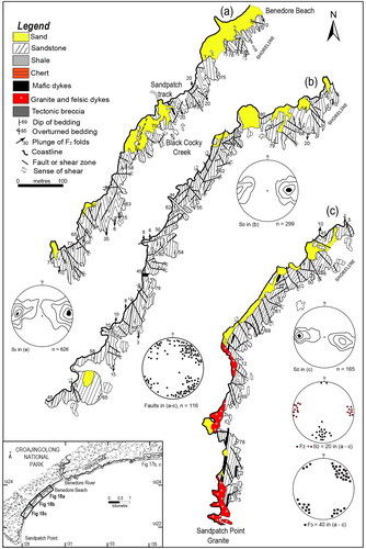 Figure 18. Maps between the Benedore River and coastal outcrops of the Sandpatch Point Granite with representative structural data. The inset map shows the location. (a–c) Trend surface maps and distribution of folded sediments with bedding and fold orientation data. Contour intervals in (a) are 0.2, 2, 5, 7 and 10% per 1% area. Contour intervals in (b and c) are 0.5, 2, 5 and 10% per 1% area.