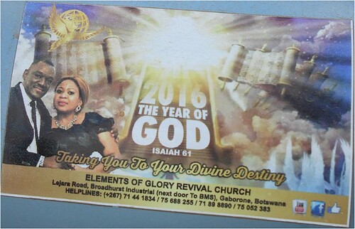 Image 4. A prophetic ministry sticker with a picture of a prophet and his spouse, a scriptural reference and a personalized invitation (Photograph: G. Faimau).